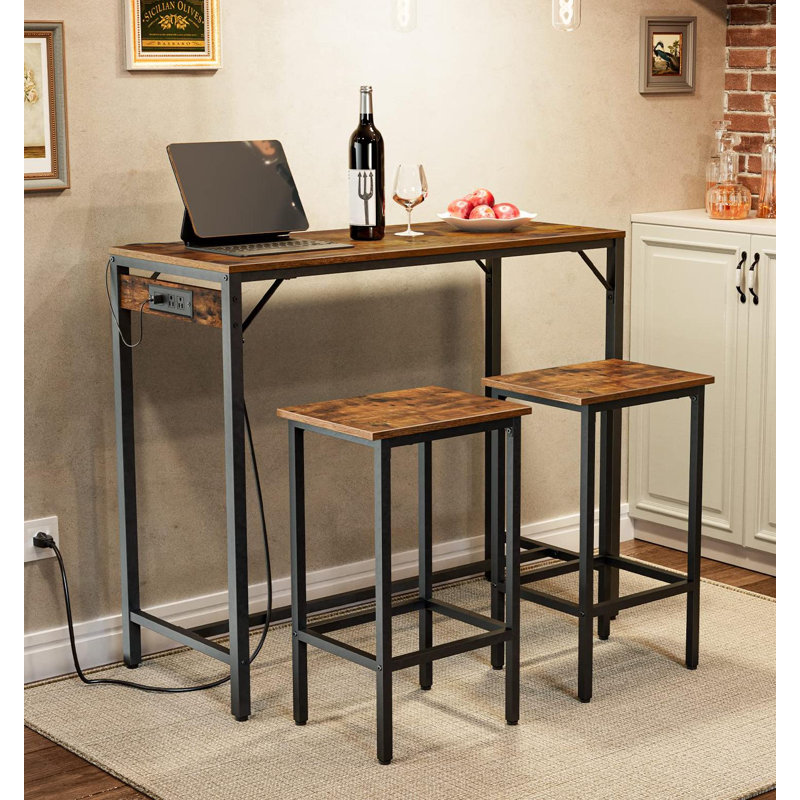 17 Stories HOOBRO Bar Table Set with Power Outlet Bar Table and Chairs Set 3 Piece Pub Table Set Kitchen Bar Height Table with Stools of 2 for Living Room D